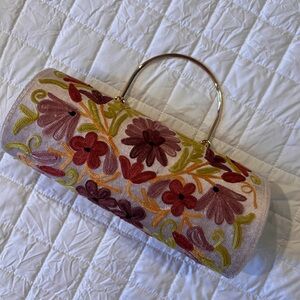 Floral Embroidered Handbag with Gold Handle